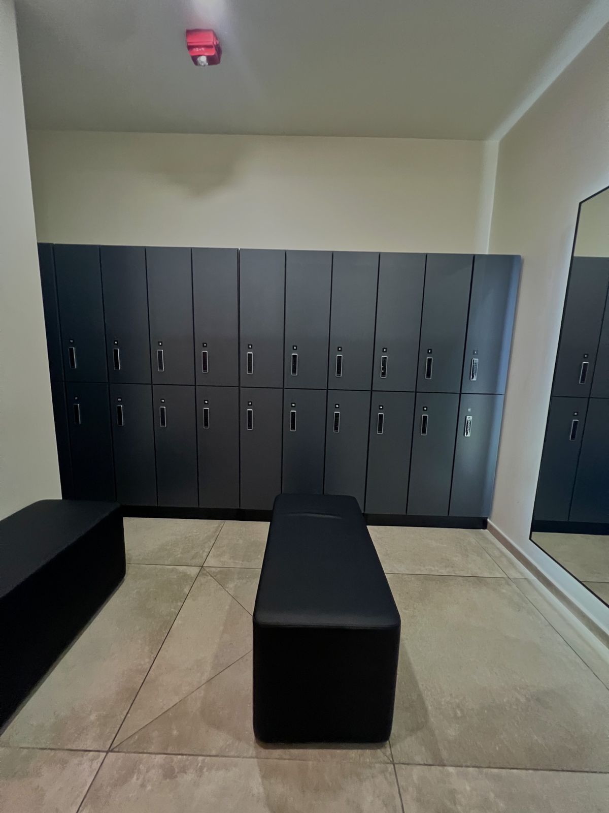 Lockers and benches in the changing room