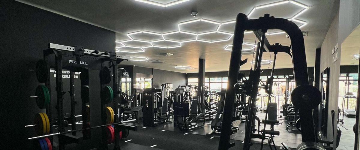 Primal racks, a Smith machine and the training floor under the hexagon lights at Solis Body Club